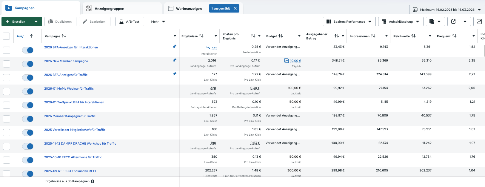 Übersicht der Werbekampagnen mit herausragenden Ergebnissen: zum Beispiel über 2.000 Landingpage-Aufrufe zu geringen Kosten pro Klick.